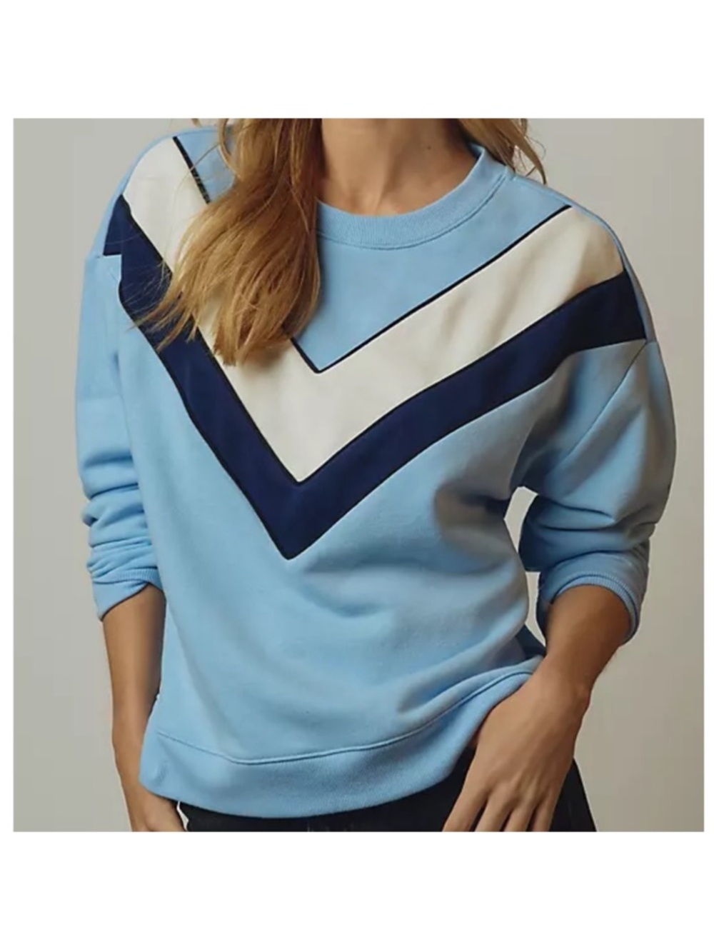 Maeve Light Blue Sweatshirt with Navy and White Chevron